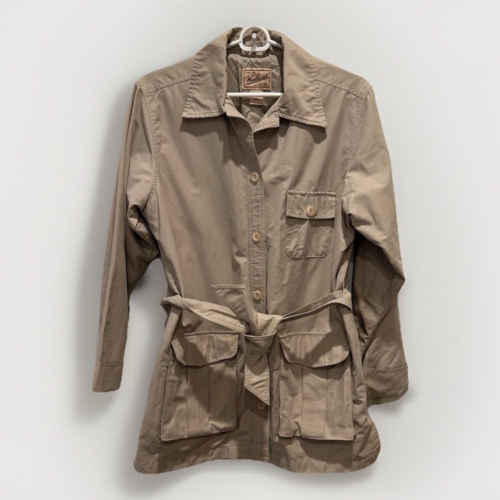 Woolrich Womens Safari Field Jacket Tan Beige Cotton Blend Belted Size Small